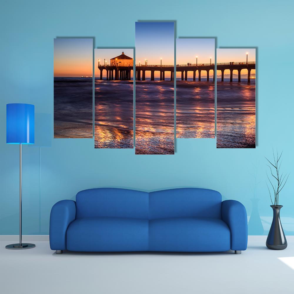 Manhattan Beach Pier At Sunset Canvas Wall Art-5 Pop-Gallery Wrap-47" x 32"-Tiaracle