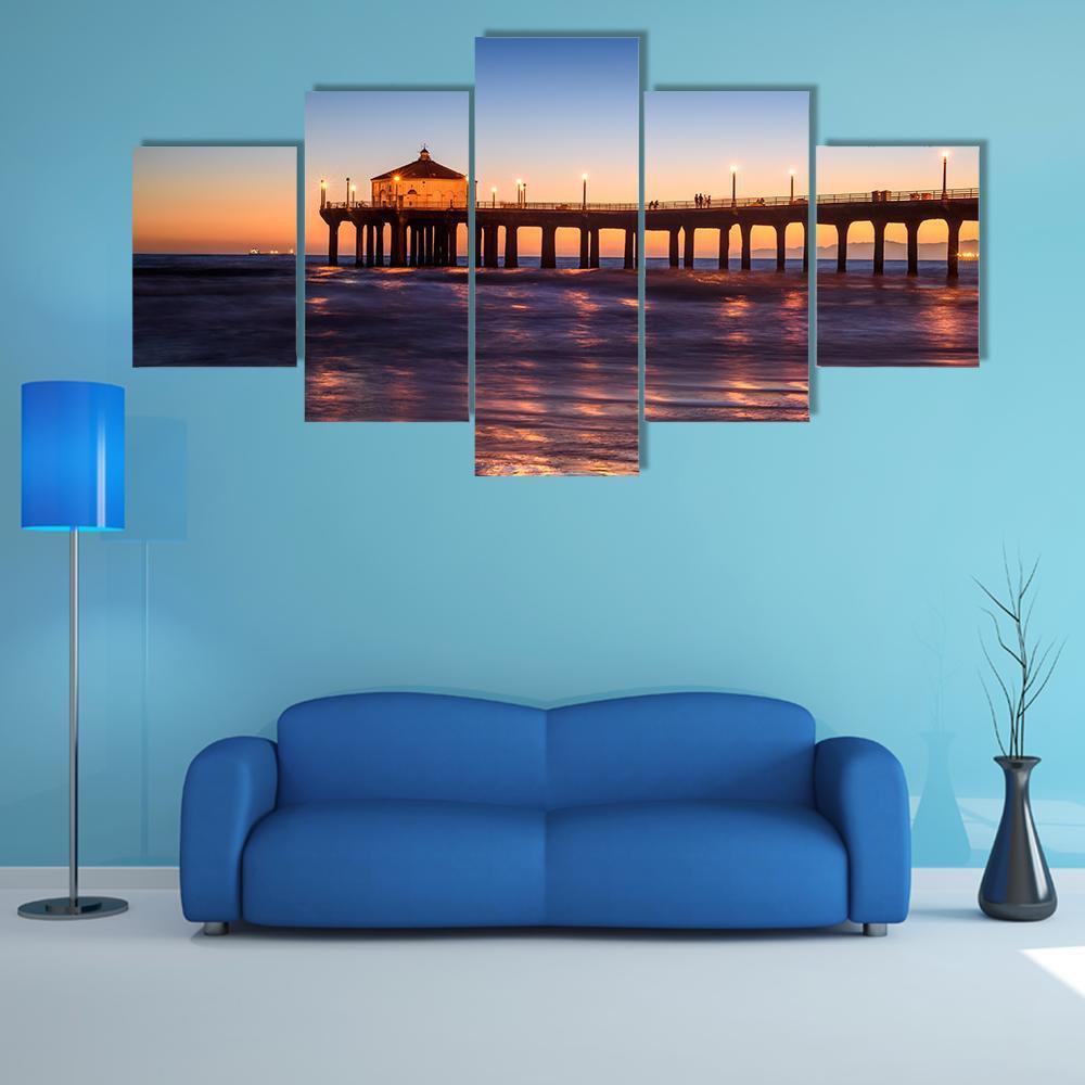 Manhattan Beach Pier At Sunset Canvas Wall Art-5 Star-Gallery Wrap-62" x 32"-Tiaracle