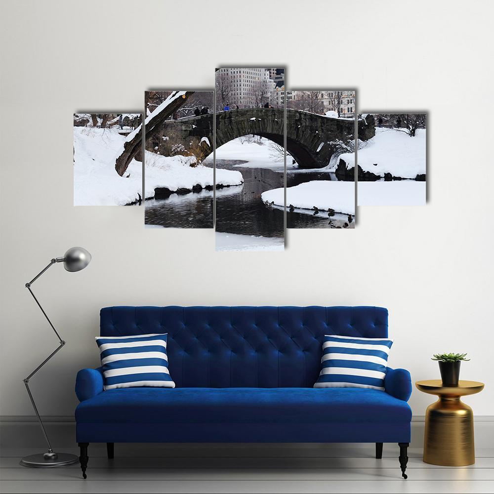 Gapstow Bridge In Snow Canvas Wall Art-5 Star-Gallery Wrap-62" x 32"-Tiaracle