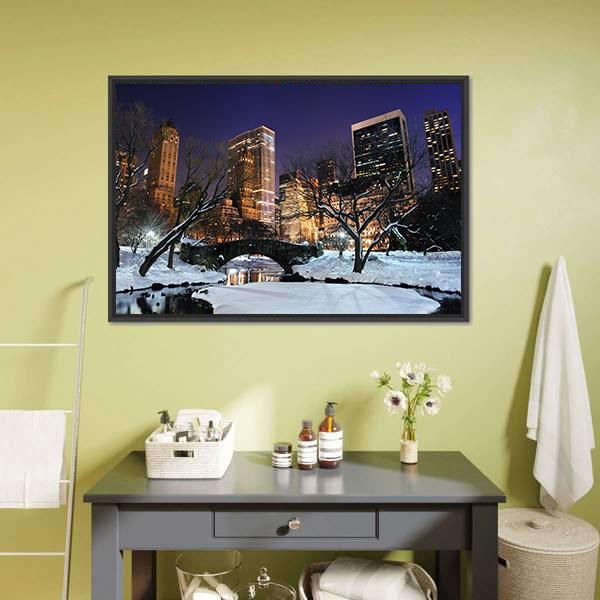 Manhattan Central Park In Snow Canvas Wall Art-1 Piece-Floating Frame-24" x 16"-Tiaracle
