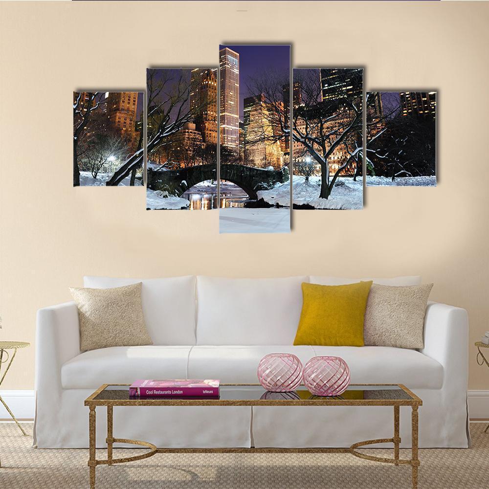 Manhattan Central Park In Snow Canvas Wall Art-5 Star-Gallery Wrap-62" x 32"-Tiaracle