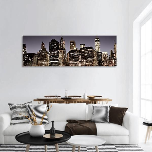 Manhattan Skyline At Night Panoramic Canvas Wall Art-1 Piece-36" x 12"-Tiaracle