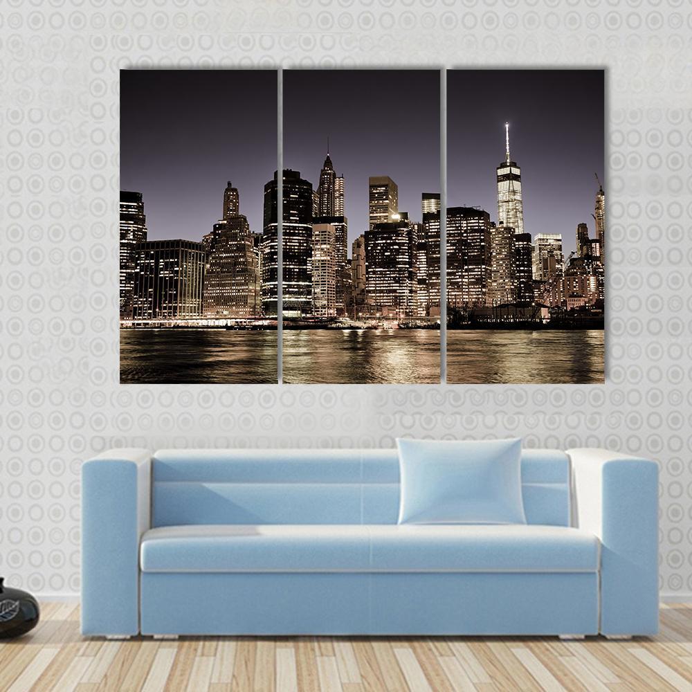 Manhattan Skyline At Night Canvas Wall Art-3 Horizontal-Gallery Wrap-37" x 24"-Tiaracle
