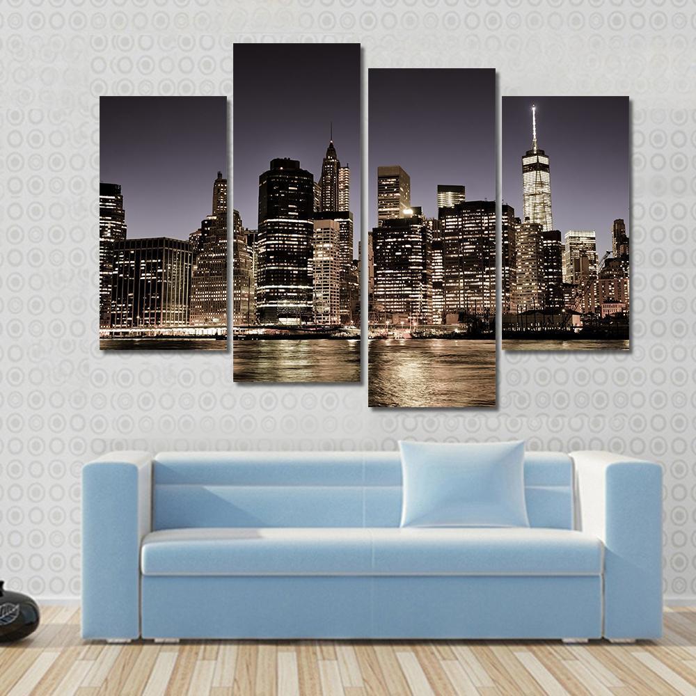 Manhattan Skyline At Night Canvas Wall Art-4 Pop-Gallery Wrap-50" x 32"-Tiaracle