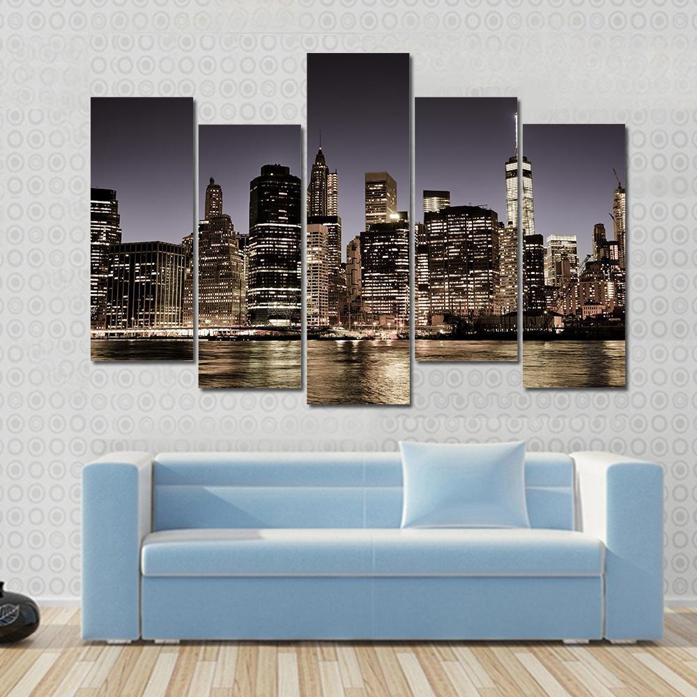 Manhattan Skyline At Night Canvas Wall Art-5 Pop-Gallery Wrap-47" x 32"-Tiaracle