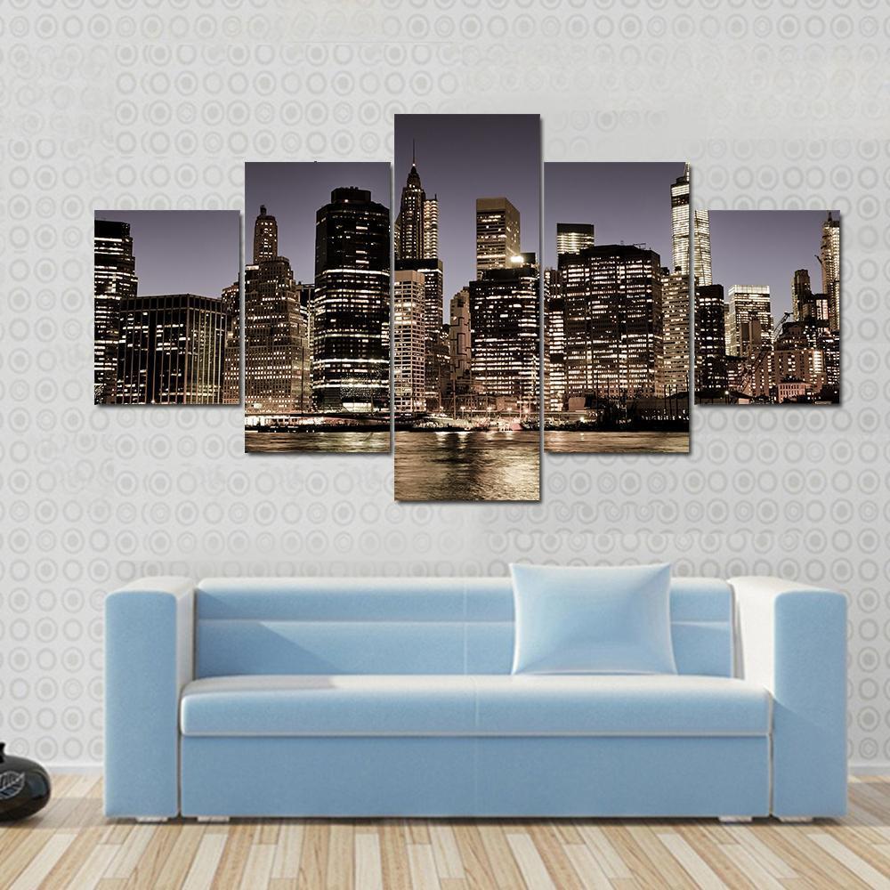 Manhattan Skyline At Night Canvas Wall Art-5 Star-Gallery Wrap-62" x 32"-Tiaracle