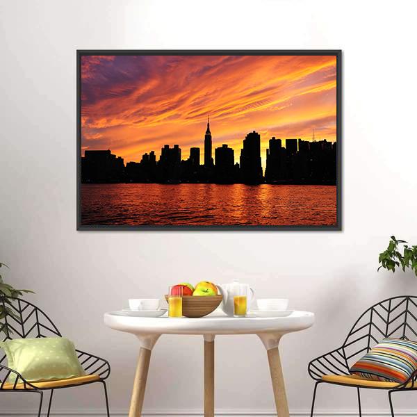 Manhattan Midtown Silhouette Canvas Wall Art-3 Horizontal-Gallery Wrap-25" x 16"-Tiaracle