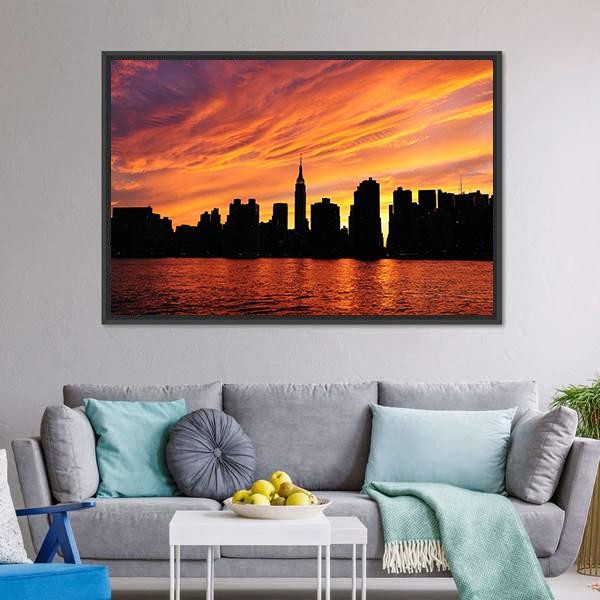 Manhattan Midtown Silhouette Canvas Wall Art-3 Horizontal-Gallery Wrap-25" x 16"-Tiaracle
