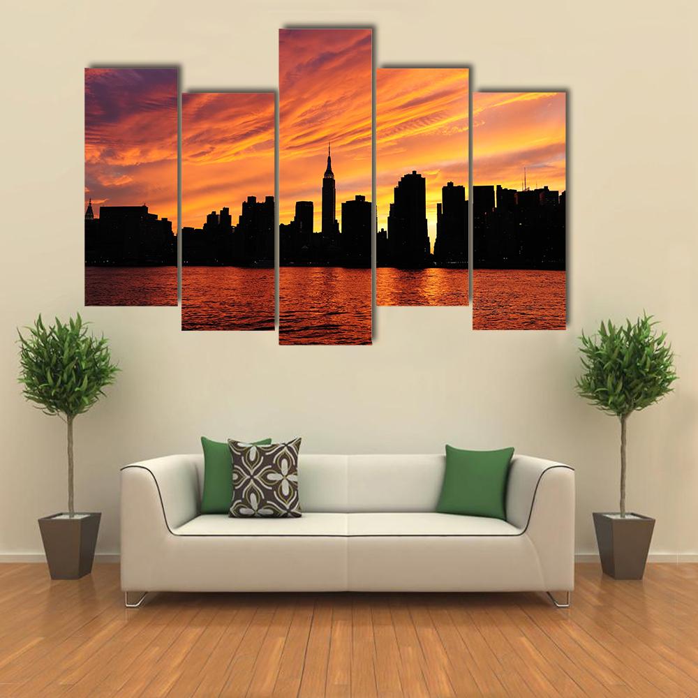 Manhattan Midtown Silhouette Canvas Wall Art-5 Pop-Gallery Wrap-47" x 32"-Tiaracle