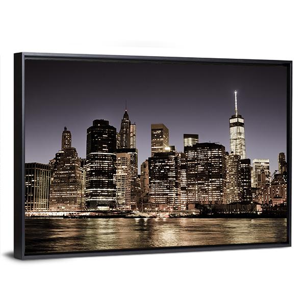 Manhattan Skyline At Night Canvas Wall Art-3 Horizontal-Gallery Wrap-25" x 16"-Tiaracle