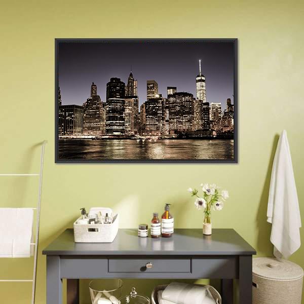 Manhattan Skyline At Night Canvas Wall Art-1 Piece-Floating Frame-24" x 16"-Tiaracle