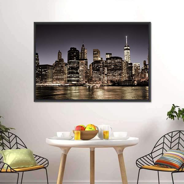 Manhattan Skyline At Night Canvas Wall Art-3 Horizontal-Gallery Wrap-25" x 16"-Tiaracle