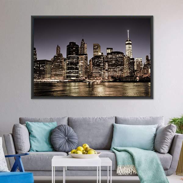 Manhattan Skyline At Night Canvas Wall Art-3 Horizontal-Gallery Wrap-25" x 16"-Tiaracle