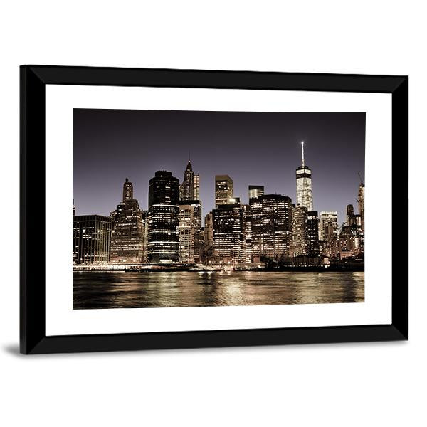 Manhattan Skyline At Night Canvas Wall Art-3 Horizontal-Gallery Wrap-25" x 16"-Tiaracle