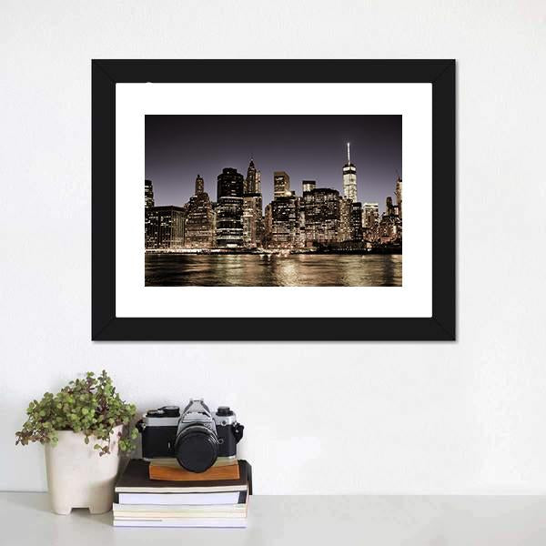 Manhattan Skyline At Night Canvas Wall Art-1 Piece-Framed Print-20" x 16"-Tiaracle