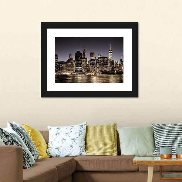 Manhattan Skyline At Night Canvas Wall Art-3 Horizontal-Gallery Wrap-25" x 16"-Tiaracle