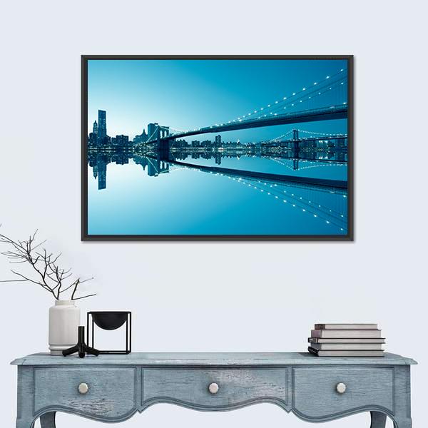 Manhattan Skyline &amp; Bridge Canvas Wall Art-1 Piece-Floating Frame-24" x 16"-Tiaracle