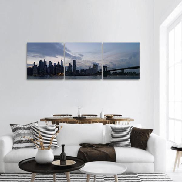 Manhattan Skyline With Bridge Panoramic Canvas Wall Art-3 Piece-25" x 08"-Tiaracle