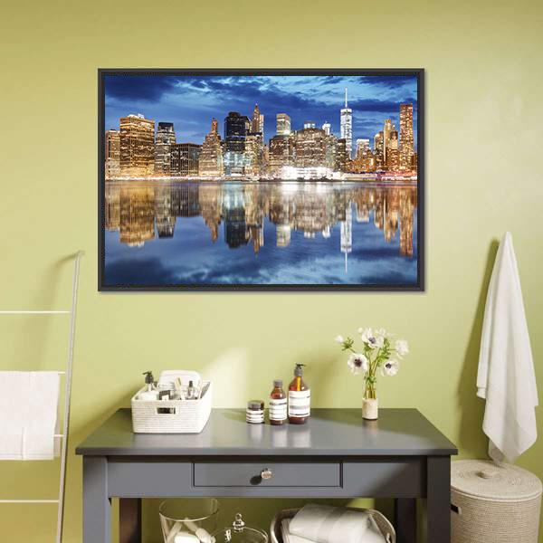 Manhattan Skyline NY Canvas Wall Art-1 Piece-Floating Frame-24" x 16"-Tiaracle