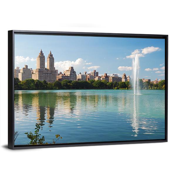 Manhattan Skyline With Fountain Canvas Wall Art-3 Horizontal-Gallery Wrap-25" x 16"-Tiaracle