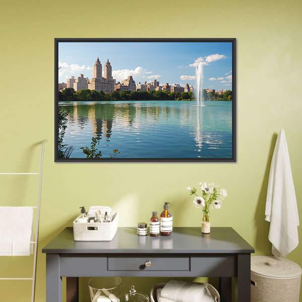 Manhattan Skyline With Fountain Canvas Wall Art-1 Piece-Floating Frame-24" x 16"-Tiaracle