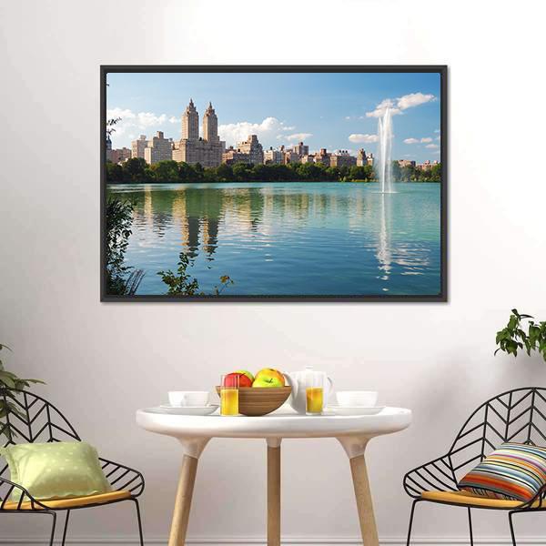 Manhattan Skyline With Fountain Canvas Wall Art-3 Horizontal-Gallery Wrap-25" x 16"-Tiaracle