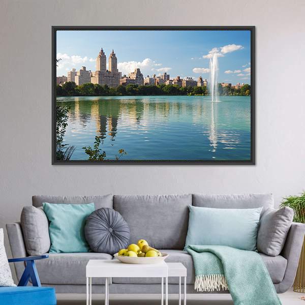 Manhattan Skyline With Fountain Canvas Wall Art-3 Horizontal-Gallery Wrap-25" x 16"-Tiaracle