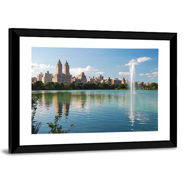 Manhattan Skyline With Fountain Canvas Wall Art-3 Horizontal-Gallery Wrap-25" x 16"-Tiaracle