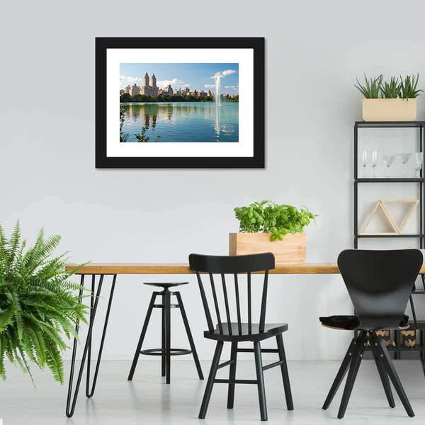 Manhattan Skyline With Fountain Canvas Wall Art-3 Horizontal-Gallery Wrap-25" x 16"-Tiaracle