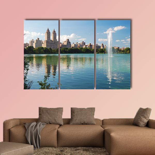 Manhattan Skyline With Fountain Canvas Wall Art-3 Horizontal-Gallery Wrap-37" x 24"-Tiaracle