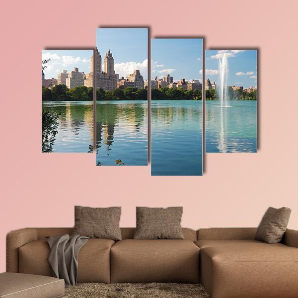 Manhattan Skyline With Fountain Canvas Wall Art-4 Pop-Gallery Wrap-50" x 32"-Tiaracle