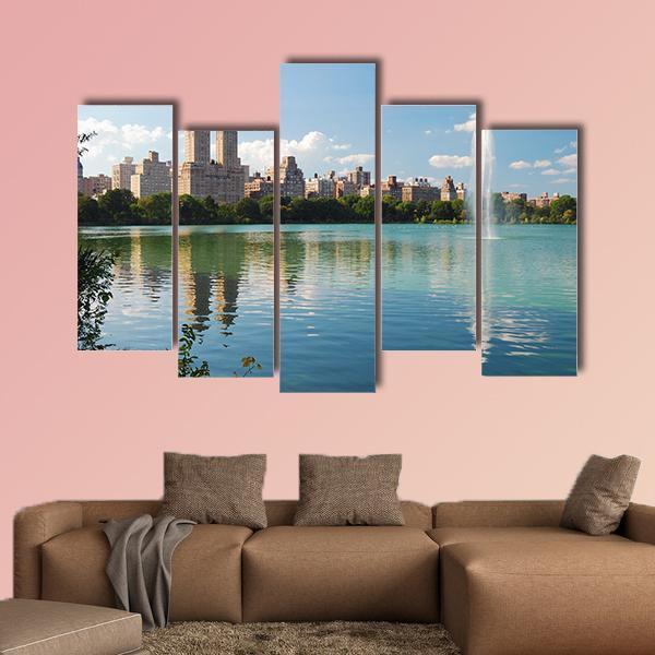 Manhattan Skyline With Fountain Canvas Wall Art-5 Pop-Gallery Wrap-47" x 32"-Tiaracle
