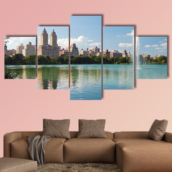 Manhattan Skyline With Fountain Canvas Wall Art-5 Star-Gallery Wrap-62" x 32"-Tiaracle