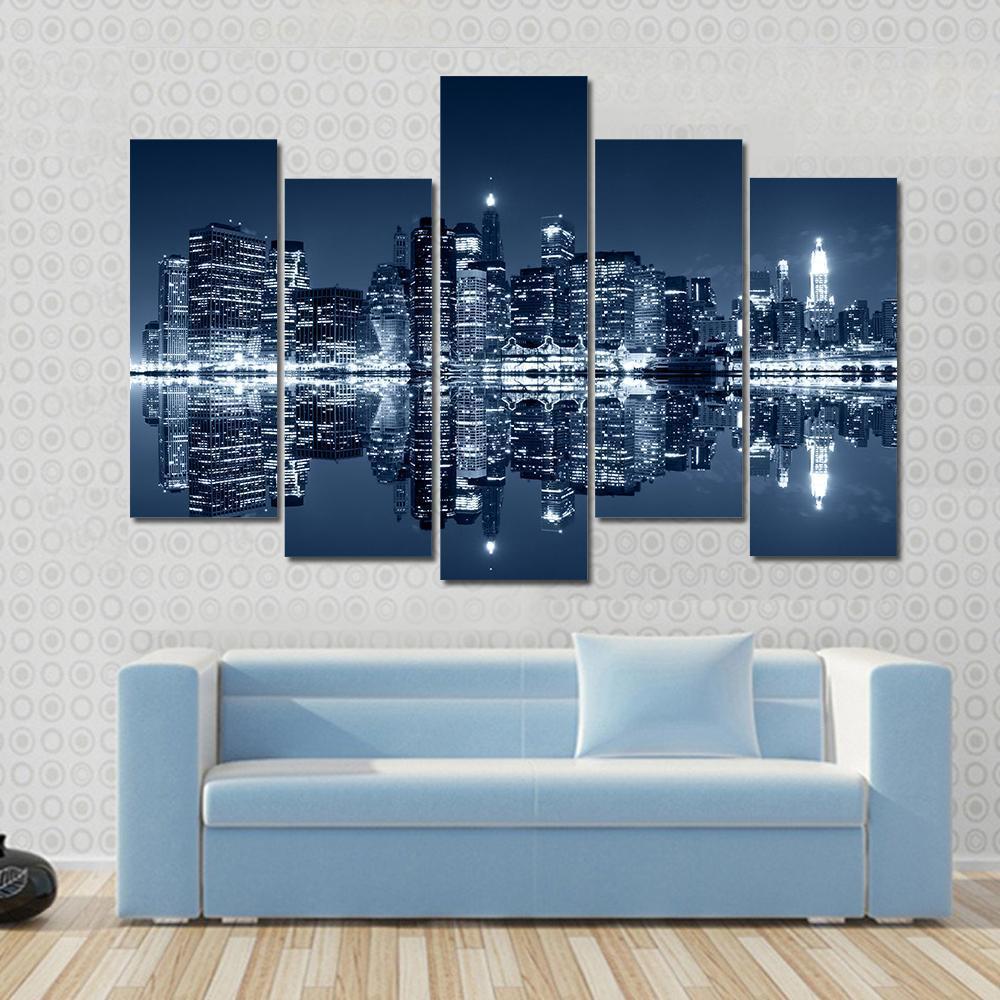 NY Skyline At Night Canvas Wall Art-5 Pop-Gallery Wrap-47" x 32"-Tiaracle