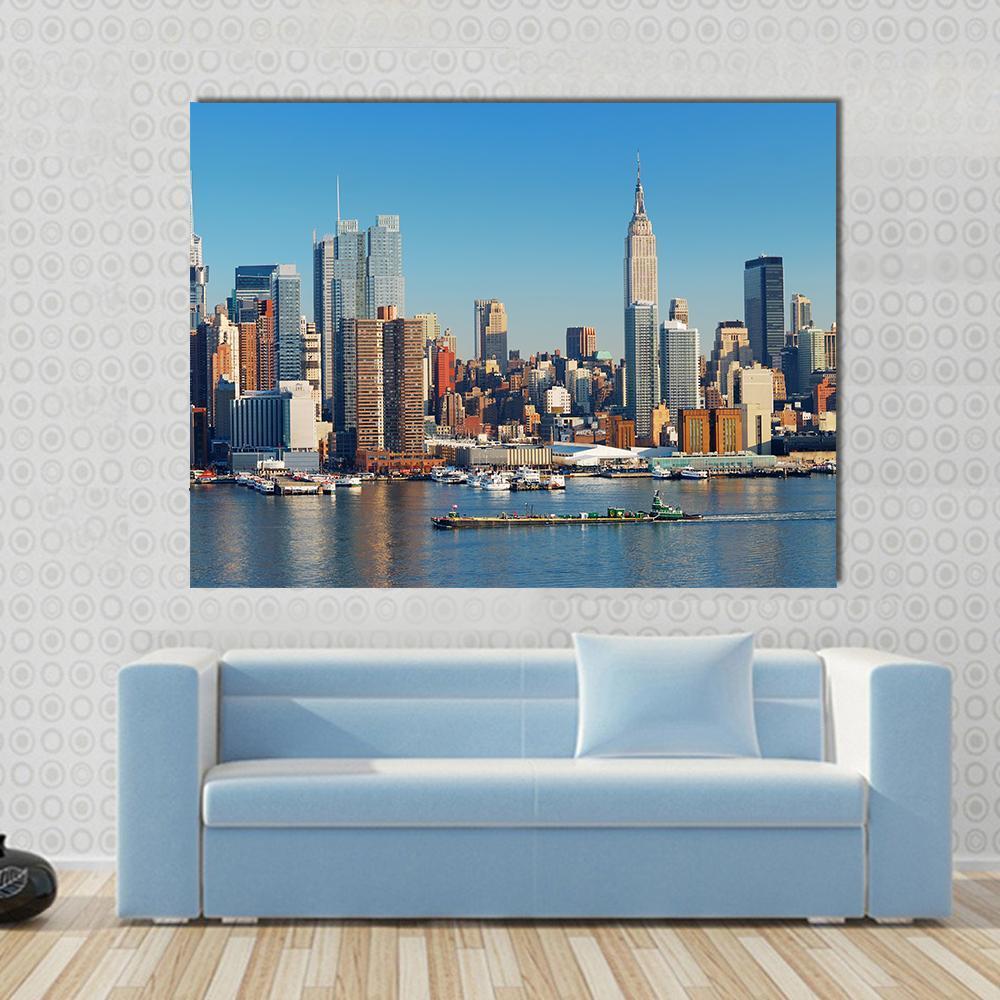 Empire State With Hudson River Canvas Wall Art-1 Piece-Gallery Wrap-48" x 32"-Tiaracle