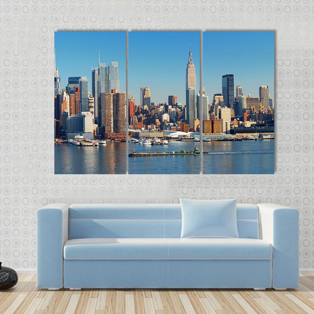 Empire State With Hudson River Canvas Wall Art-4 Pop-Gallery Wrap-50" x 32"-Tiaracle