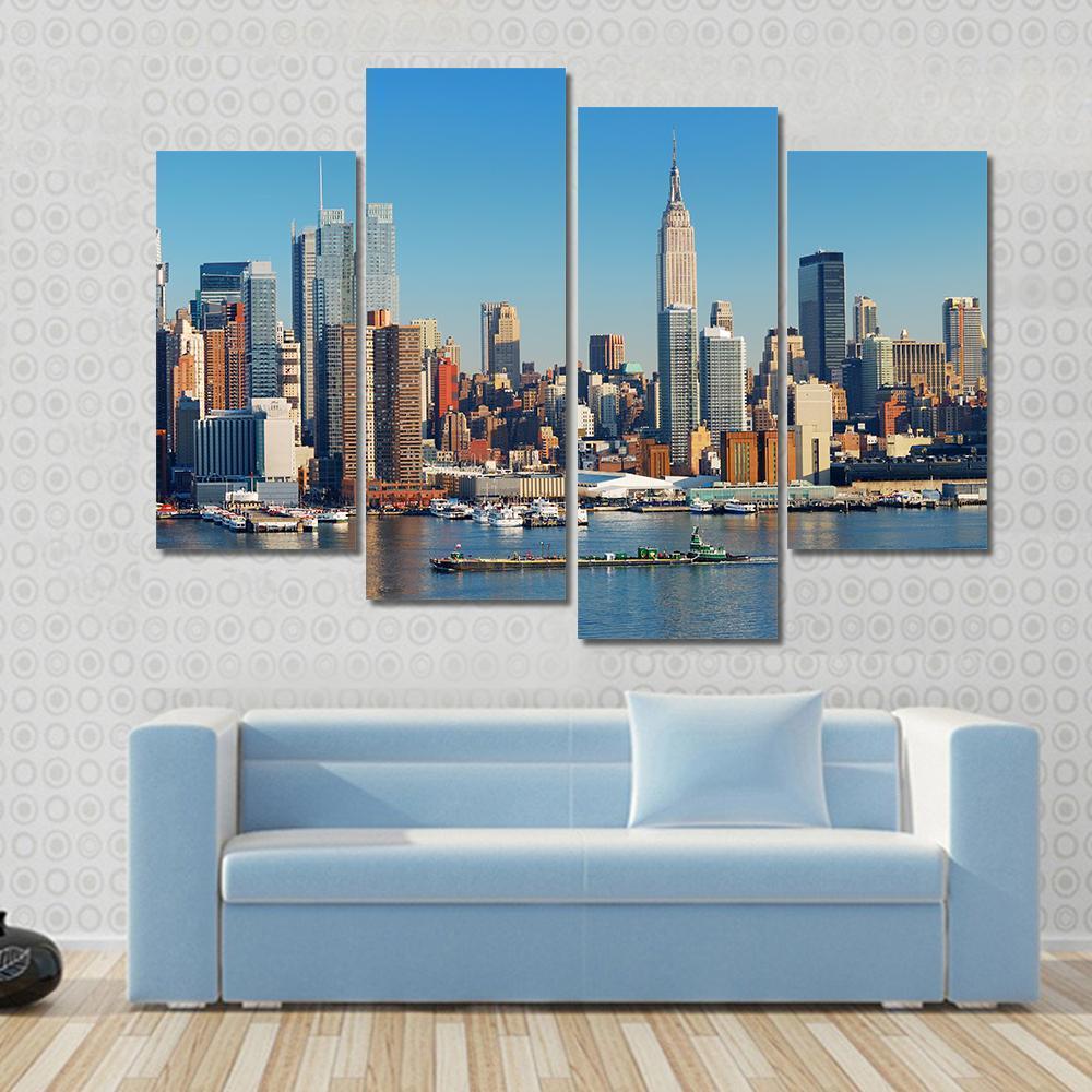 Empire State With Hudson River Canvas Wall Art-4 Pop-Gallery Wrap-50" x 32"-Tiaracle