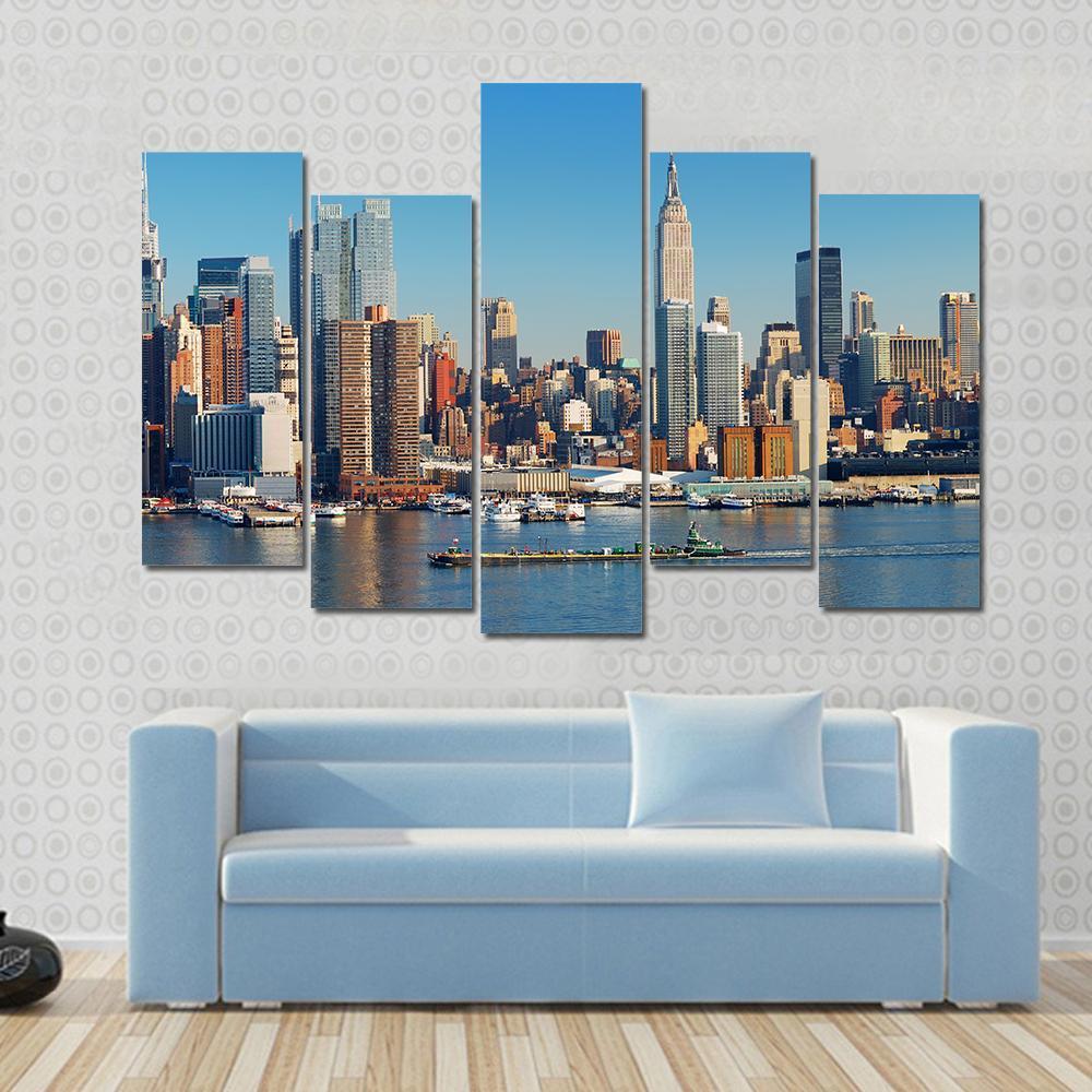 Empire State With Hudson River Canvas Wall Art-5 Pop-Gallery Wrap-47" x 32"-Tiaracle
