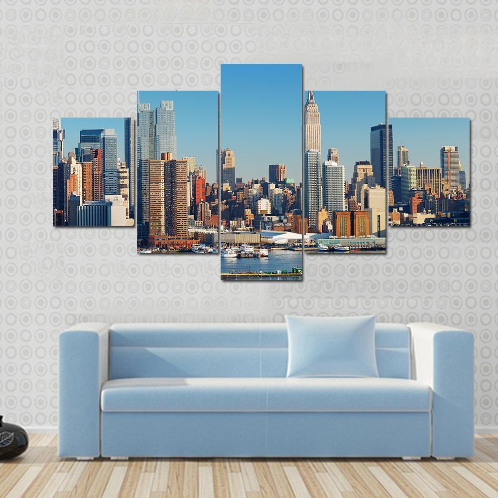 Empire State With Hudson River Canvas Wall Art-5 Star-Gallery Wrap-62" x 32"-Tiaracle