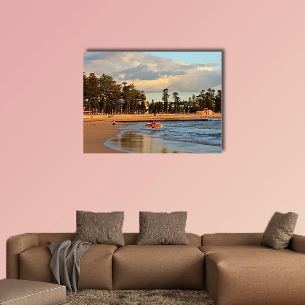 Manly Beach Sydney Late Afternoon Canvas Wall Art in brown, orange and blue, single panel hung on a wall