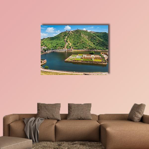 Maota Lake Island Fortress and Gardens Canvas Wall Art in brown, green and blue, single panel hung on a wall
