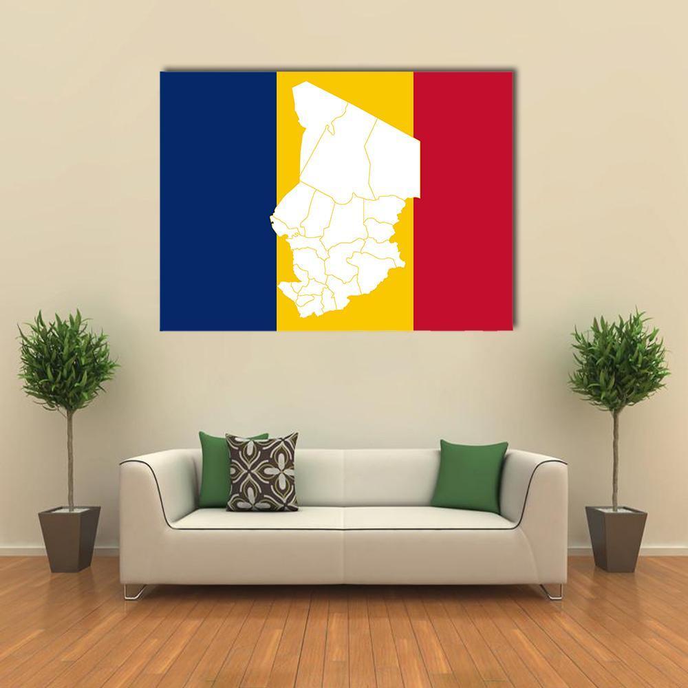 Chad Map with Flag Background Canvas Wall Art in red, yellow and blue, single panel hung on a wall