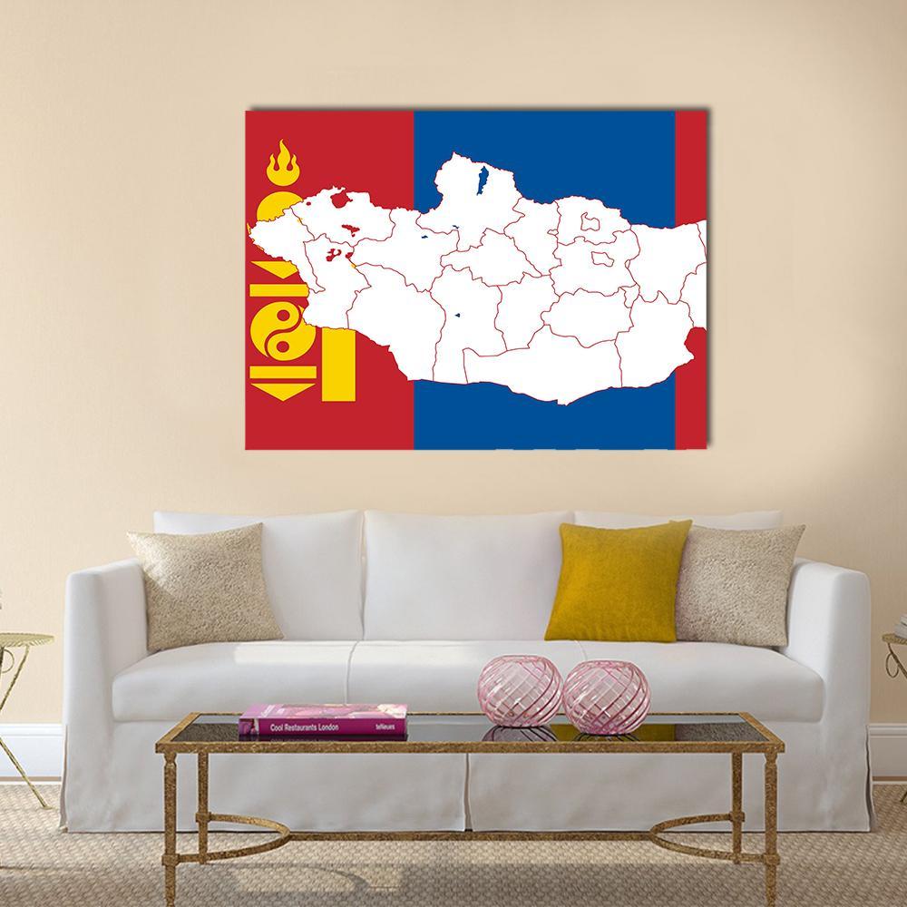Map and Flag of Mongolia Canvas Wall Art in white, red and blue, single panel hung on a wall