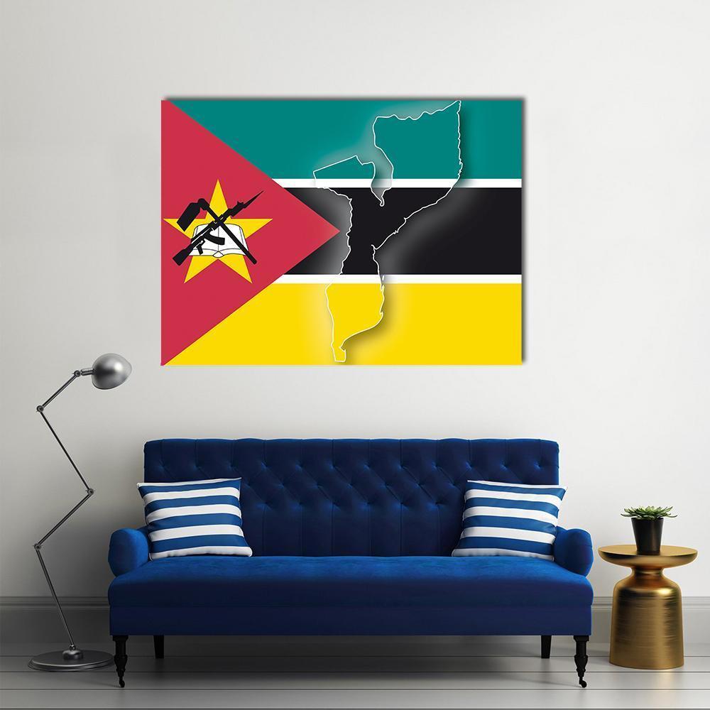 Mozambique Flag with Map Outline Canvas Wall Art in red, yellow and green, single panel hung on a wall