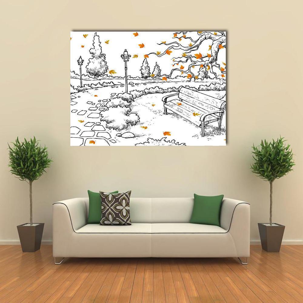 Autumn Park Bench Sketch Canvas Wall Art in black, white and orange, single panel hung on a wall