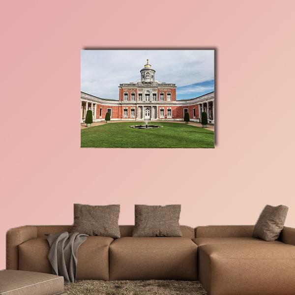 Red Brick Palace with Dome and Fountain Canvas Wall Art in red, green and blue, single panel hung on a wall