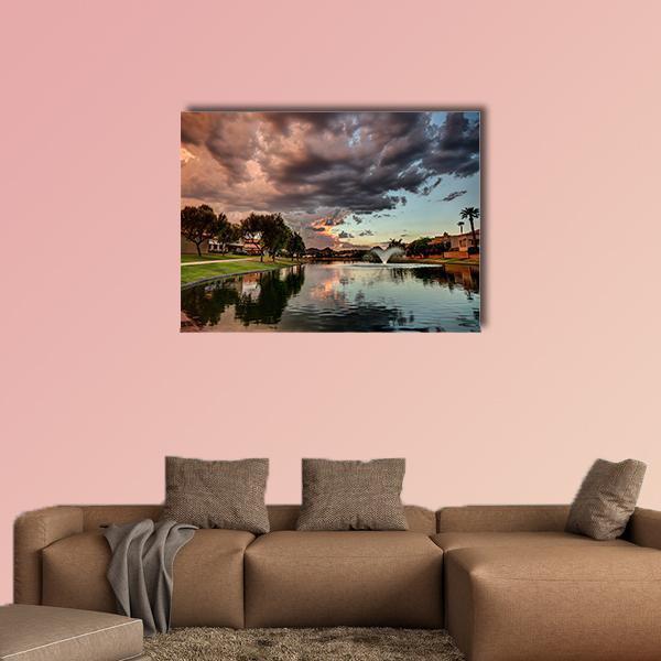 Marguerite Lake at Sunset Canvas Wall Art in gray, orange and blue, single panel hung on a wall