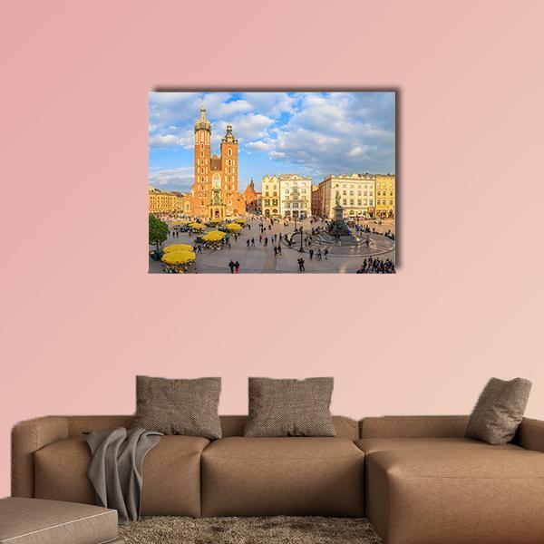 St. Mary's Basilica at Krakow Main Market Square Canvas Wall Art in beige, brown and blue, single panel hung on a wall