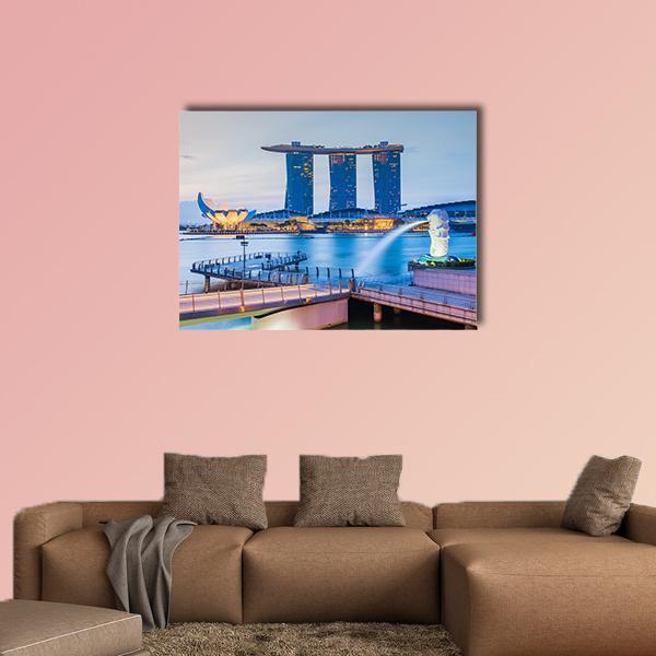 Marina Bay Skyline with Merlion Canvas Wall Art in gray and blue, single panel hung on a wall