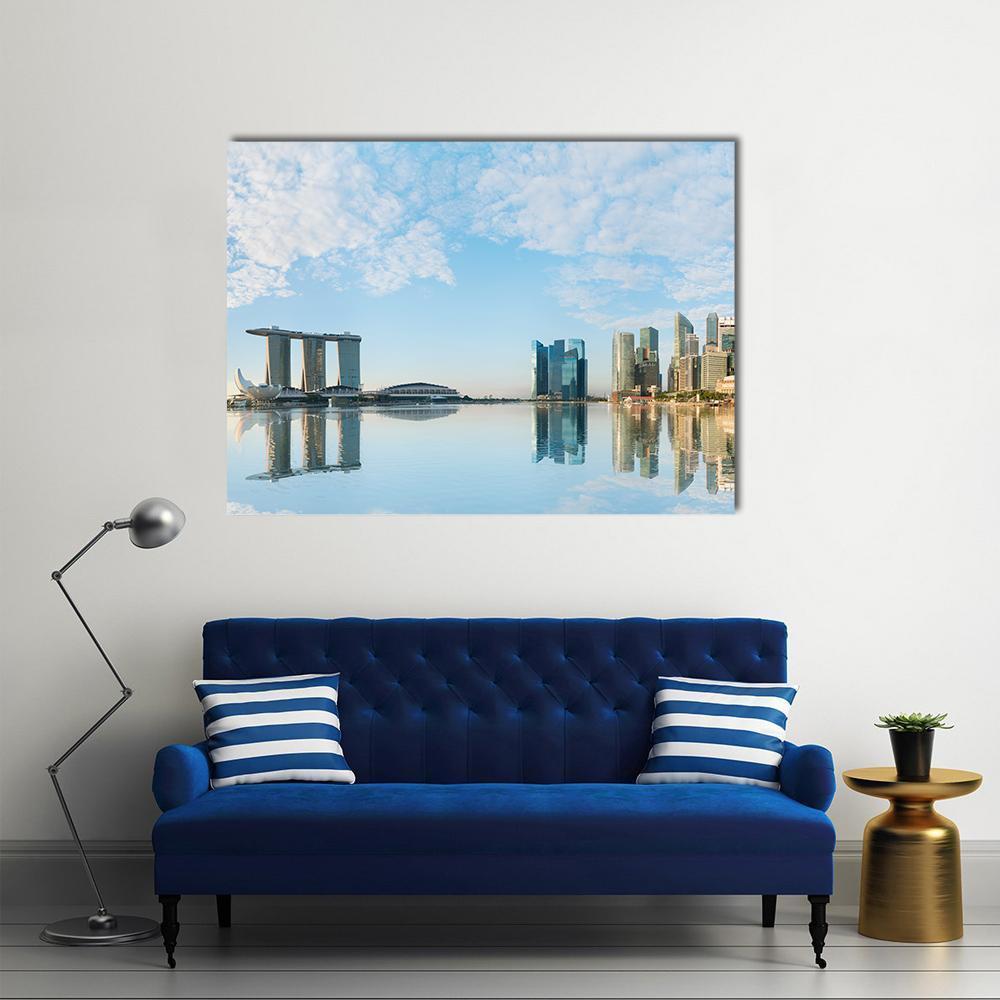 Marina Bay Sands Skyline Canvas Wall Art in white, gray and blue, single panel hung on a wall